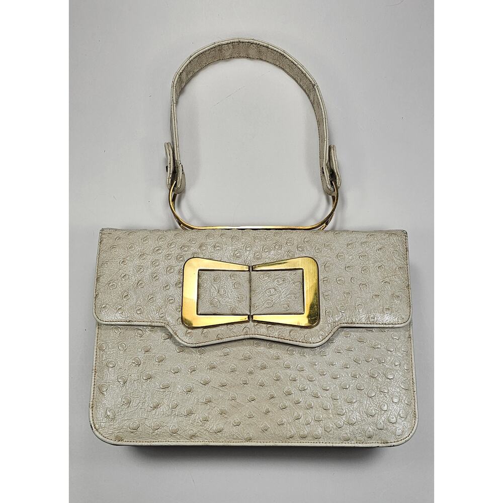 Vintage 1960s Mam’selle New York Cream Ostrich Embossed Top Handle Handbag Clasp